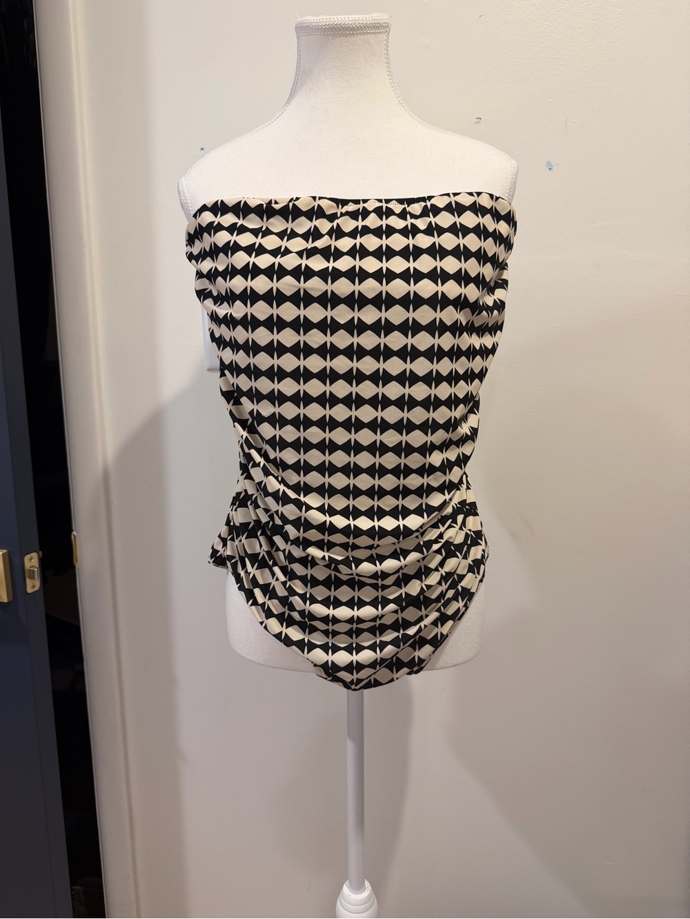 J.Crew Strapless Bathing Suit Black Ivory Geometric L
